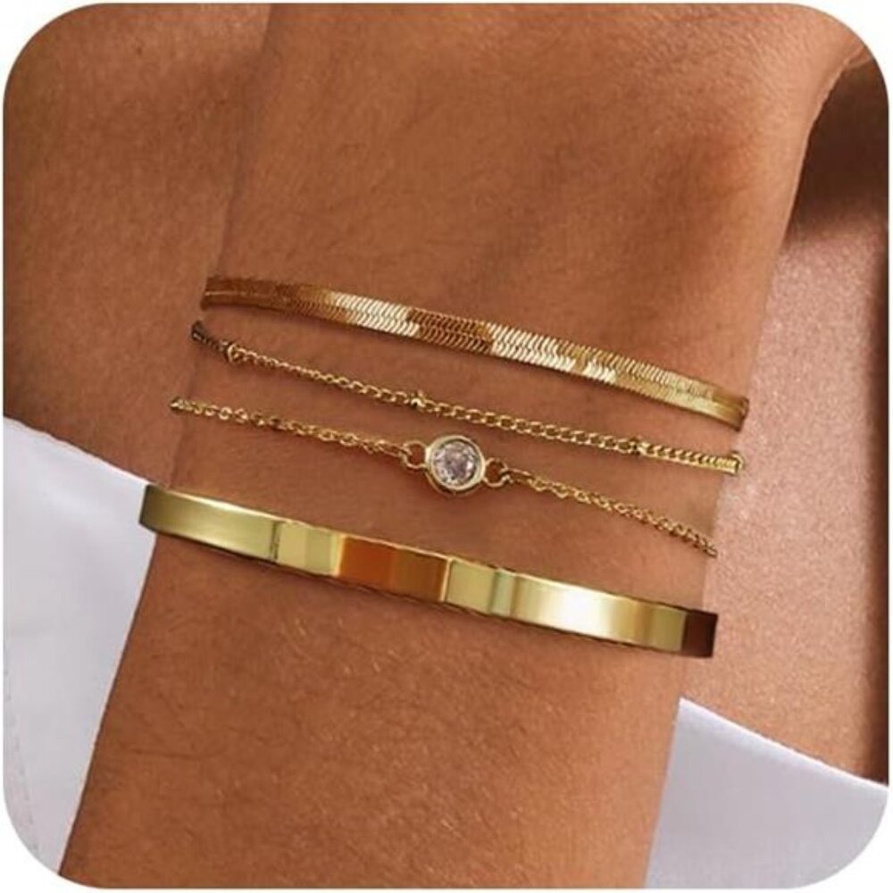 Gold Bracelets for Women,Dainty 14K Gold Plated Stack Set Trendy Stackable